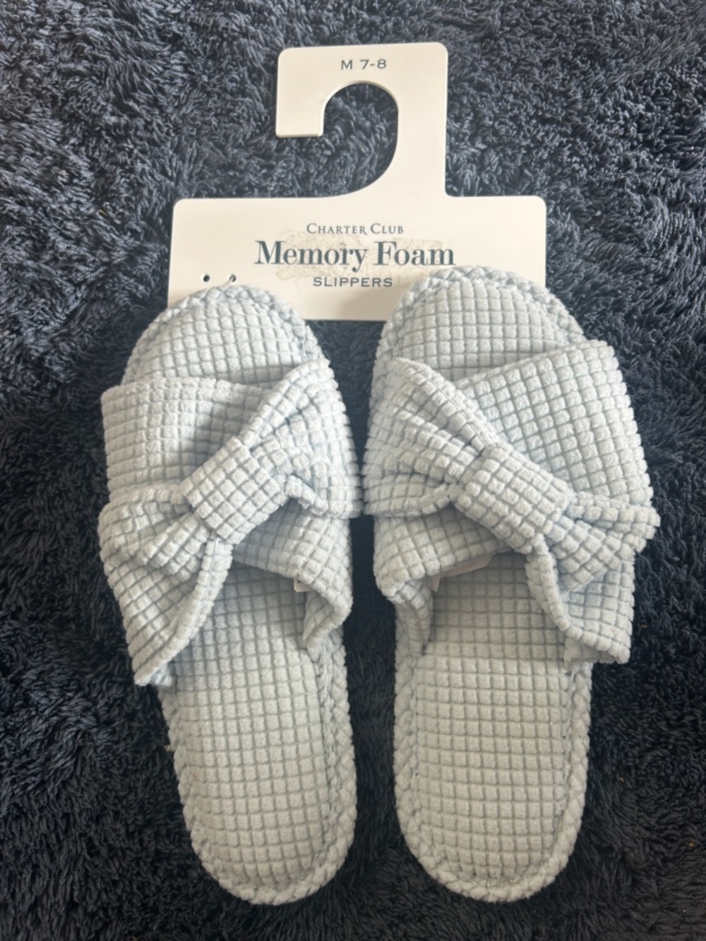Charter Club Light Blue Waffle-Knit Bow Memory Foam Slide Slippers Size 7-8 NWT